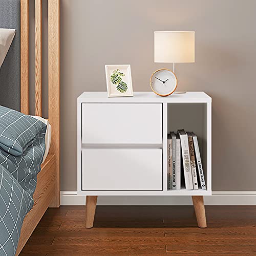 TUKAILAi White Modern Bedside Table with Drawers, Open Storage & Solid Wood Legs, Cabinet Storage Unit Nightstands with 2 Drawers and Open Side Storage