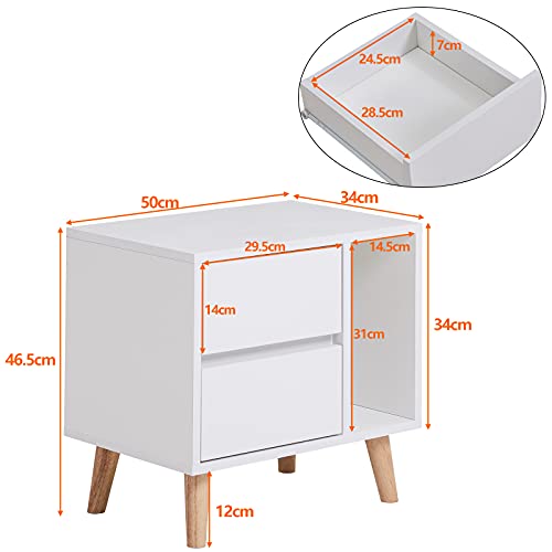 TUKAILAi White Modern Bedside Table with Drawers, Open Storage & Solid Wood Legs, Cabinet Storage Unit Nightstands with 2 Drawers and Open Side Storage