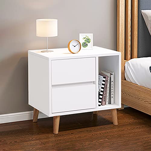 TUKAILAi White Modern Bedside Table with Drawers, Open Storage & Solid Wood Legs, Cabinet Storage Unit Nightstands with 2 Drawers and Open Side Storage