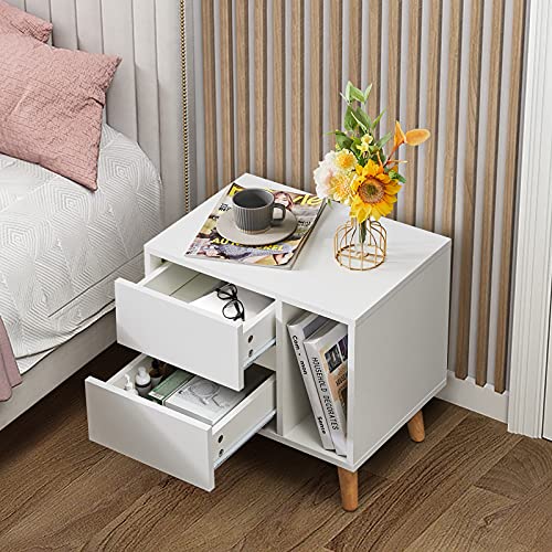 TUKAILAi White Modern Bedside Table with Drawers, Open Storage & Solid Wood Legs, Cabinet Storage Unit Nightstands with 2 Drawers and Open Side Storage