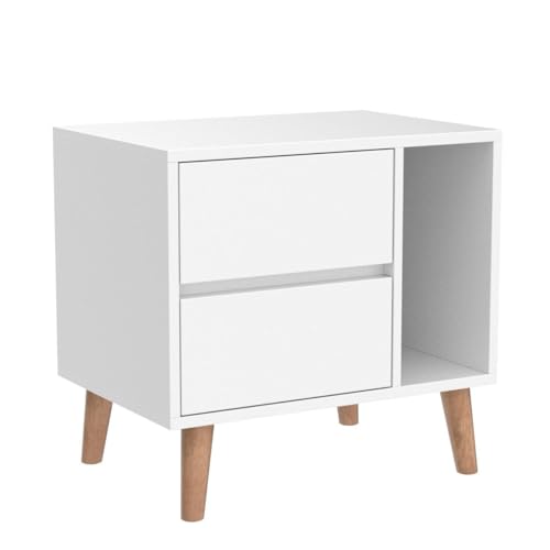 TUKAILAi White Modern Bedside Table with Drawers, Open Storage & Solid Wood Legs, Cabinet Storage Unit Nightstands with 2 Drawers and Open Side Storage