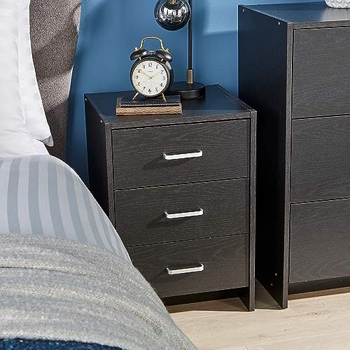 Home Source Bedside Table Black 3 Drawer Bedside Cabinet Night Stand Metal Runners Silver Handles