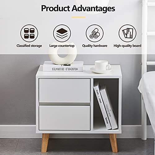 TUKAILAi White Modern Bedside Table with Drawers, Open Storage & Solid Wood Legs, Cabinet Storage Unit Nightstands with 2 Drawers and Open Side Storage