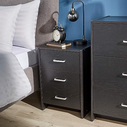 Home Source Bedside Table Black 3 Drawer Bedside Cabinet Night Stand Metal Runners Silver Handles