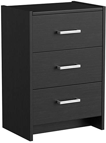 Home Source Bedside Table Black 3 Drawer Bedside Cabinet Night Stand Metal Runners Silver Handles