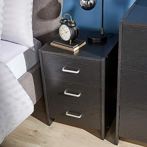 Home Source Bedside Table Black 3 Drawer Bedside Cabinet Night Stand Metal Runners Silver Handles