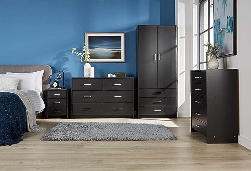 Home Source Bedside Table Black 3 Drawer Bedside Cabinet Night Stand Metal Runners Silver Handles