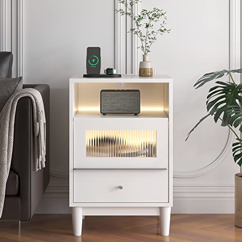 Jehiatek White Bedside Table with Charging Station, End Table with Glass Drawers, Nightstand with LED Lights, Wood Side Tables for Bedroom, Living Room, 40×35×60CM
