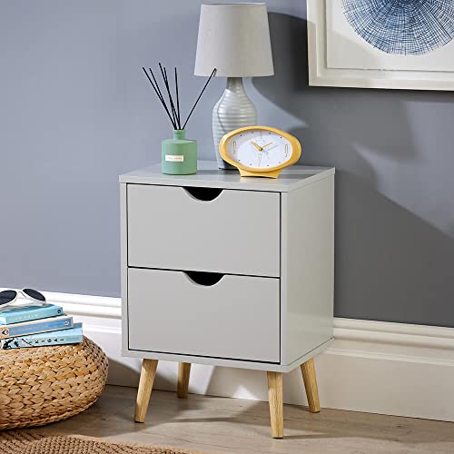 Home Source Grey 2 Drawer Bedside Cabinet Wooden Side Lamp Table Nightstand Scandi Legs, Small