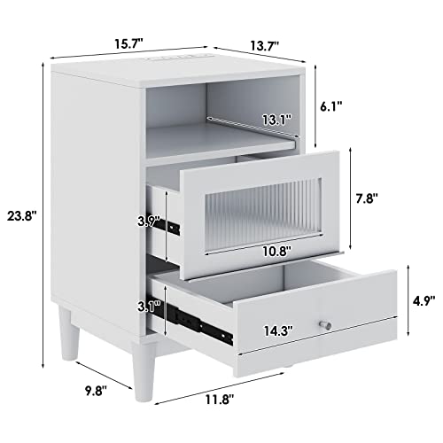 Jehiatek White Bedside Table with Charging Station, End Table with Glass Drawers, Nightstand with LED Lights, Wood Side Tables for Bedroom, Living Room, 40×35×60CM