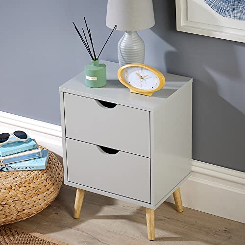 Home Source Grey 2 Drawer Bedside Cabinet Wooden Side Lamp Table Nightstand Scandi Legs, Small
