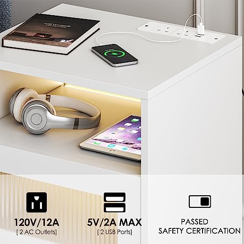 Jehiatek White Bedside Table with Charging Station, End Table with Glass Drawers, Nightstand with LED Lights, Wood Side Tables for Bedroom, Living Room, 40×35×60CM
