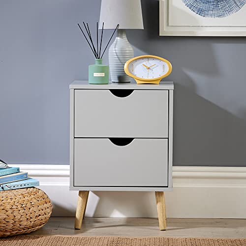 Home Source Grey 2 Drawer Bedside Cabinet Wooden Side Lamp Table Nightstand Scandi Legs, Small