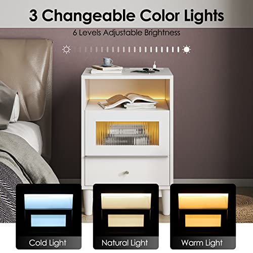 Jehiatek White Bedside Table with Charging Station, End Table with Glass Drawers, Nightstand with LED Lights, Wood Side Tables for Bedroom, Living Room, 40×35×60CM