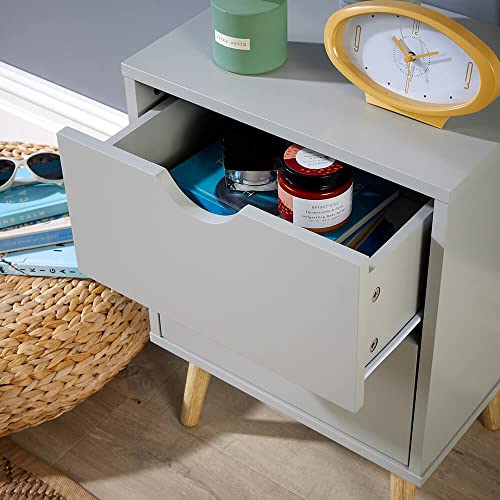 Home Source Grey 2 Drawer Bedside Cabinet Wooden Side Lamp Table Nightstand Scandi Legs, Small
