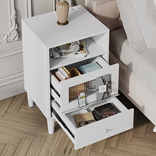 Jehiatek White Bedside Table with Charging Station, End Table with Glass Drawers, Nightstand with LED Lights, Wood Side Tables for Bedroom, Living Room, 40×35×60CM