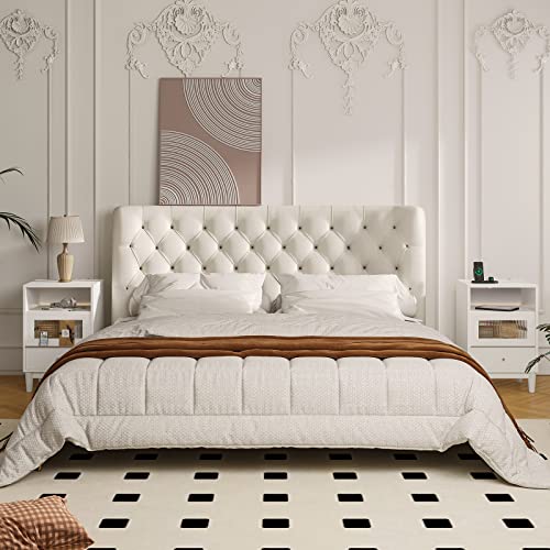 Jehiatek White Bedside Table with Charging Station, End Table with Glass Drawers, Nightstand with LED Lights, Wood Side Tables for Bedroom, Living Room, 40×35×60CM