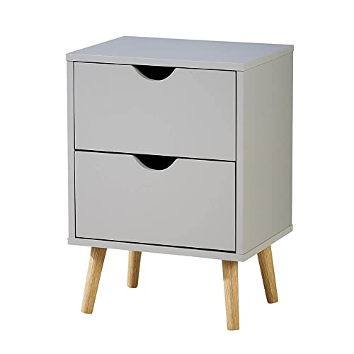 Home Source Grey 2 Drawer Bedside Cabinet Wooden Side Lamp Table Nightstand Scandi Legs, Small
