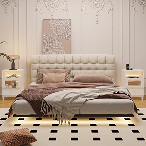 Jehiatek White Bedside Table with Charging Station, End Table with Glass Drawers, Nightstand with LED Lights, Wood Side Tables for Bedroom, Living Room, 40×35×60CM