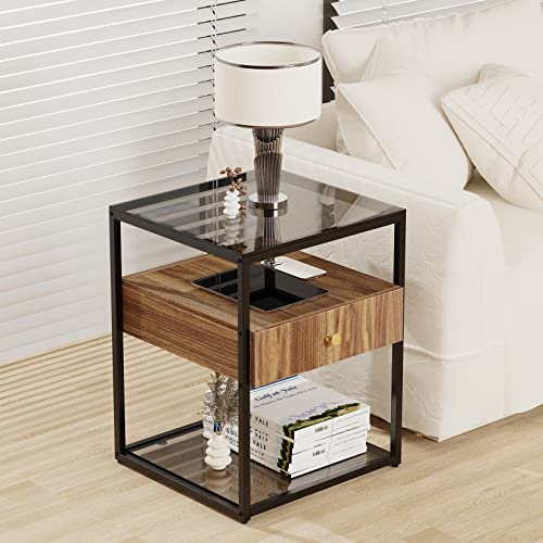 Bedside Table Drawers Nightstand Storage: 2 Tier Bronze Tinted Tempered Glass Small End Side Tables with MDF Wood Drawer Black Metal Frame Rustic Square Night Stand Sofa Side Furniture Living Room