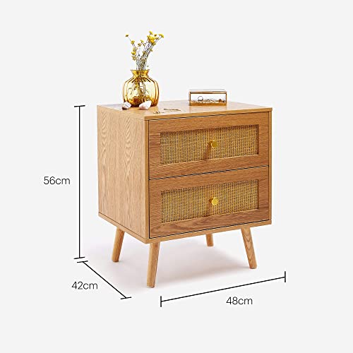 BTFY Rattan Bedside Tables Set of 2 - Nightstands w/Wood Veneer - Wicker Bedside Cabinets - Scandi Style 2 Drawer Bedside Tables for Bedroom w Tapered Legs & Gold Handles - Side Tables Living Room