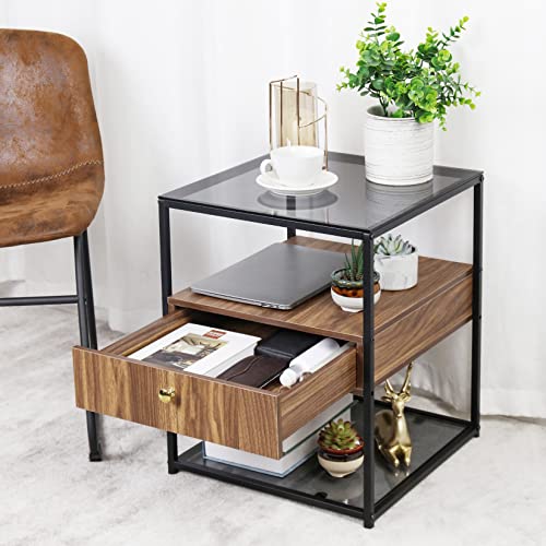 Bedside Table Drawers Nightstand Storage: 2 Tier Bronze Tinted Tempered Glass Small End Side Tables with MDF Wood Drawer Black Metal Frame Rustic Square Night Stand Sofa Side Furniture Living Room