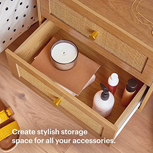 BTFY Rattan Bedside Tables Set of 2 - Nightstands w/Wood Veneer - Wicker Bedside Cabinets - Scandi Style 2 Drawer Bedside Tables for Bedroom w Tapered Legs & Gold Handles - Side Tables Living Room