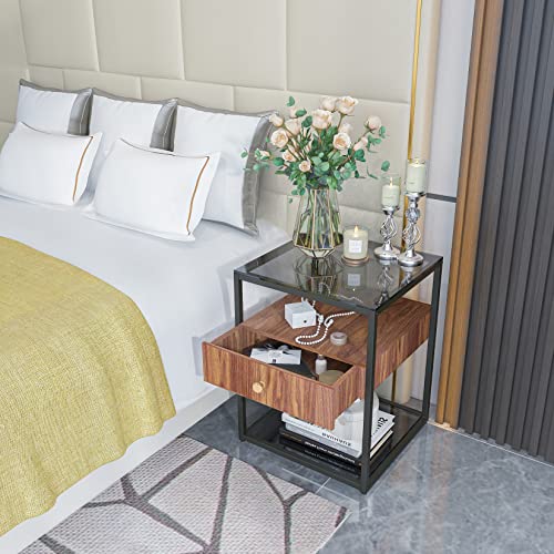 Bedside Table Drawers Nightstand Storage: 2 Tier Bronze Tinted Tempered Glass Small End Side Tables with MDF Wood Drawer Black Metal Frame Rustic Square Night Stand Sofa Side Furniture Living Room