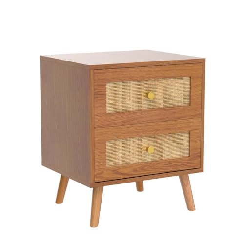 BTFY Rattan Bedside Tables Set of 2 - Nightstands w/Wood Veneer - Wicker Bedside Cabinets - Scandi Style 2 Drawer Bedside Tables for Bedroom w Tapered Legs & Gold Handles - Side Tables Living Room