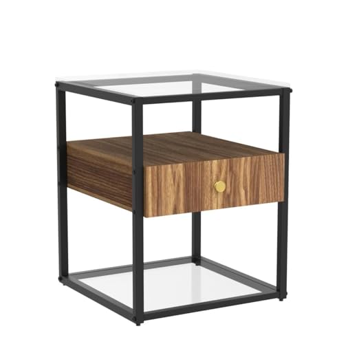 Bedside Table Drawers Nightstand Storage: 2 Tier Bronze Tinted Tempered Glass Small End Side Tables with MDF Wood Drawer Black Metal Frame Rustic Square Night Stand Sofa Side Furniture Living Room