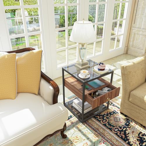 Bedside Table Drawers Nightstand Storage: 2 Tier Bronze Tinted Tempered Glass Small End Side Tables with MDF Wood Drawer Black Metal Frame Rustic Square Night Stand Sofa Side Furniture Living Room