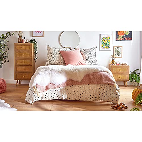 BTFY Rattan Bedside Tables Set of 2 - Nightstands w/Wood Veneer - Wicker Bedside Cabinets - Scandi Style 2 Drawer Bedside Tables for Bedroom w Tapered Legs & Gold Handles - Side Tables Living Room