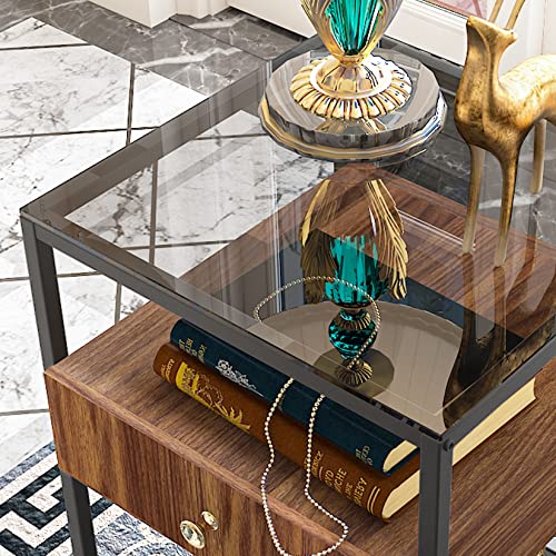 Bedside Table Drawers Nightstand Storage: 2 Tier Bronze Tinted Tempered Glass Small End Side Tables with MDF Wood Drawer Black Metal Frame Rustic Square Night Stand Sofa Side Furniture Living Room