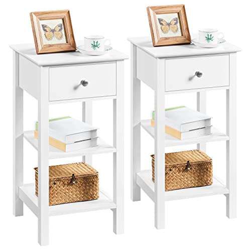 Yaheetech 2pcs Bedside Tables, Narrow Nightstand Cabinet with Storage, Set of 2 Wooden Sofa Side Table with 1 Drawer & 2 Shelves for Living Room/Bedroom/Hallway/Lounge/Small Space, White, 35×35×70cm