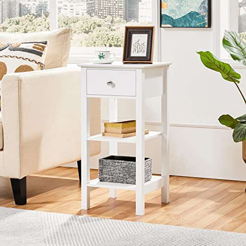 Yaheetech 2pcs Bedside Tables, Narrow Nightstand Cabinet with Storage, Set of 2 Wooden Sofa Side Table with 1 Drawer & 2 Shelves for Living Room/Bedroom/Hallway/Lounge/Small Space, White, 35×35×70cm