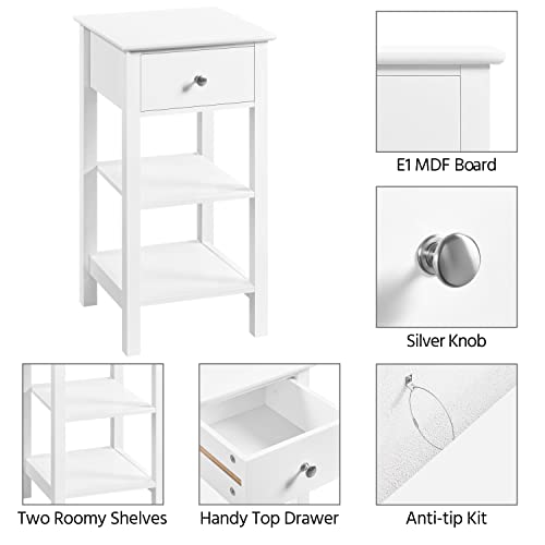 Yaheetech 2pcs Bedside Tables, Narrow Nightstand Cabinet with Storage, Set of 2 Wooden Sofa Side Table with 1 Drawer & 2 Shelves for Living Room/Bedroom/Hallway/Lounge/Small Space, White, 35×35×70cm