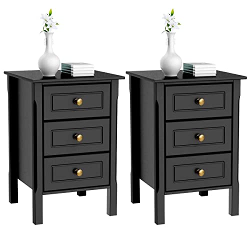 Yaheetech Black Bedside Table Set of 2PCs, Wooden Nightstands with 3 Drawers, Chest of 3 Drawers for Bedroom/Living Room/Hallway, 40x40x60cm
