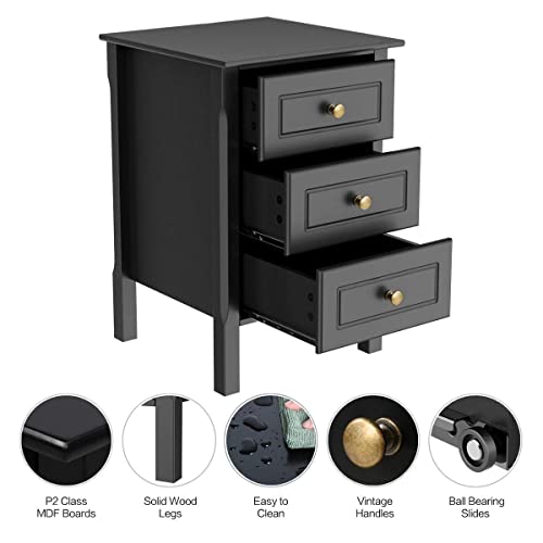 Yaheetech Black Bedside Table Set of 2PCs, Wooden Nightstands with 3 Drawers, Chest of 3 Drawers for Bedroom/Living Room/Hallway, 40x40x60cm