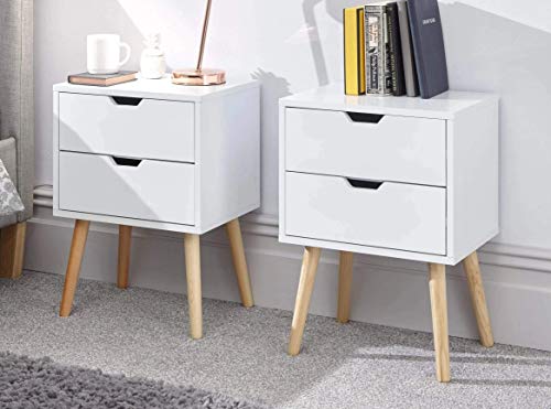 GFW Pair Of Nyborg Scandinavian Style 2 Drawer Bedside Cabinet With Pine Wooden Legs, White. 30D x 40W x 56H cm.