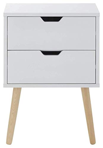 GFW Pair Of Nyborg Scandinavian Style 2 Drawer Bedside Cabinet With Pine Wooden Legs, White. 30D x 40W x 56H cm.