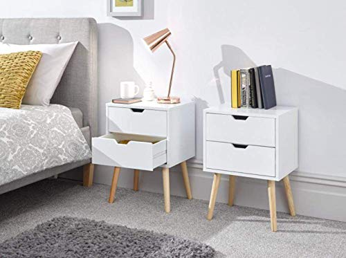 GFW Pair Of Nyborg Scandinavian Style 2 Drawer Bedside Cabinet With Pine Wooden Legs, White. 30D x 40W x 56H cm.
