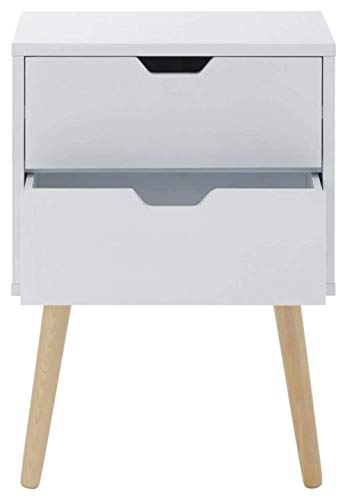 GFW Pair Of Nyborg Scandinavian Style 2 Drawer Bedside Cabinet With Pine Wooden Legs, White. 30D x 40W x 56H cm.
