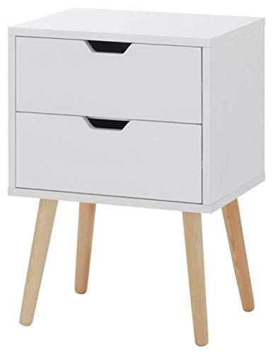 GFW Pair Of Nyborg Scandinavian Style 2 Drawer Bedside Cabinet With Pine Wooden Legs, White. 30D x 40W x 56H cm.
