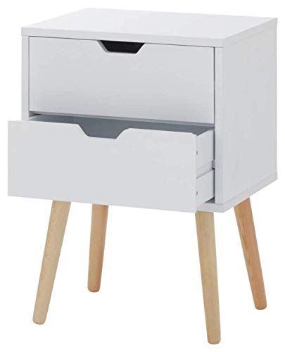 GFW Pair Of Nyborg Scandinavian Style 2 Drawer Bedside Cabinet With Pine Wooden Legs, White. 30D x 40W x 56H cm.