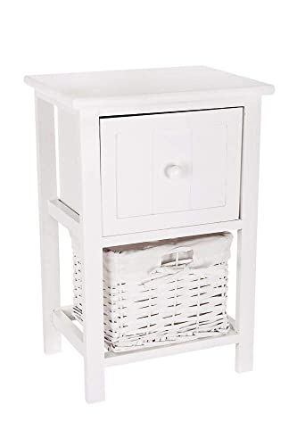 FiNeWaY Fully Assembled White Shabby Chic Bedside Cabinet Unit Table W Wicker Basket Storage Bathroom Bedroom (White)