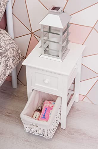 FiNeWaY Fully Assembled White Shabby Chic Bedside Cabinet Unit Table W Wicker Basket Storage Bathroom Bedroom (White)