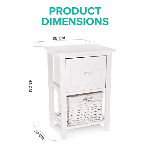 FiNeWaY Fully Assembled White Shabby Chic Bedside Cabinet Unit Table W Wicker Basket Storage Bathroom Bedroom (White)