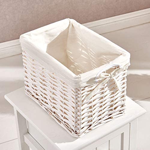 FiNeWaY Fully Assembled White Shabby Chic Bedside Cabinet Unit Table W Wicker Basket Storage Bathroom Bedroom (White)