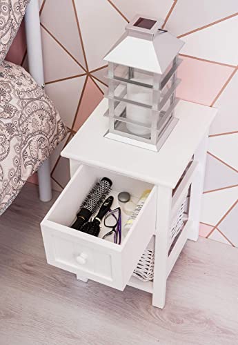 FiNeWaY Fully Assembled White Shabby Chic Bedside Cabinet Unit Table W Wicker Basket Storage Bathroom Bedroom (White)