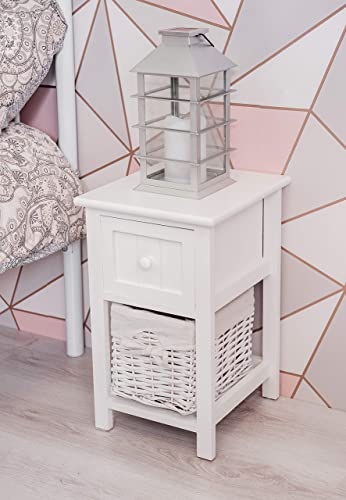 FiNeWaY Fully Assembled White Shabby Chic Bedside Cabinet Unit Table W Wicker Basket Storage Bathroom Bedroom (White)